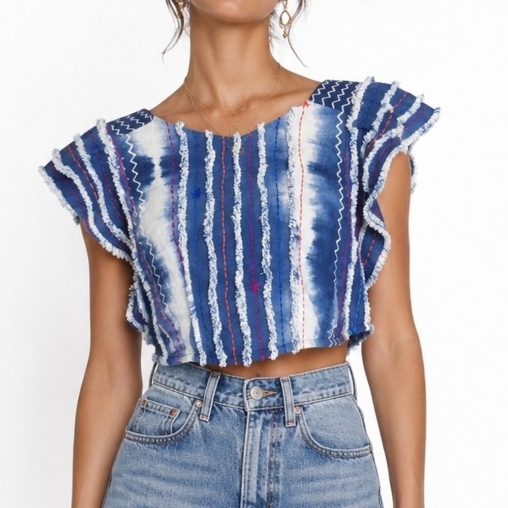 KOCH Women Blue Tie Dye Fringed Festival Crop Top Contrast Stitching Size Large